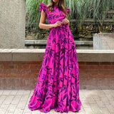 Women's Floral Print Maxi Dress with Lace-Up Detail – Boho Summer Floor-Length Dress