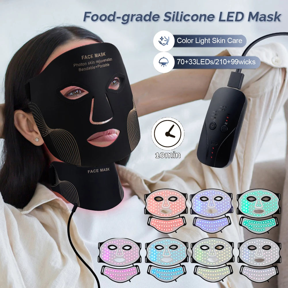 7-Color LED Silicone Mask for Skin Tightening, Anti-Acne & Rejuvenation – Wireless Face & Neck Treatment