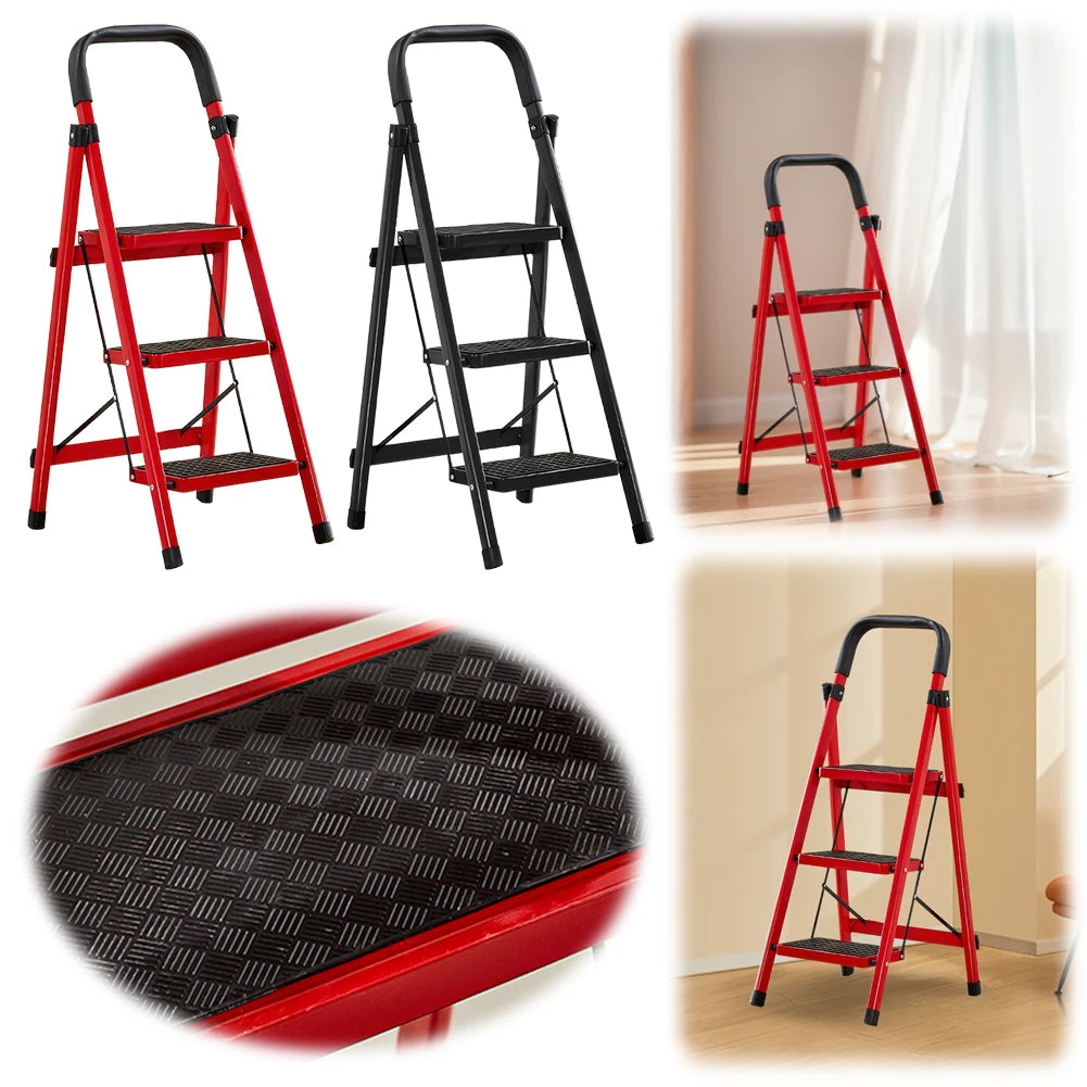 3-Step Folding Ladder with Handrail - 300 lb Capacity Steel Step Stool for Home Use