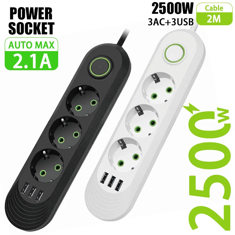Regleta con enchufe europeo, 3 puertos USB y 3 tomas de CA, cable alargador de 2500 W