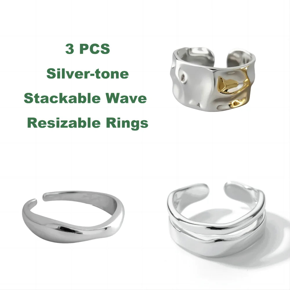 Stackable Ripple Wave Rings for Women – Adjustable Stainless Steel 18K Gold & Silver Plated Minimalist Jewelry