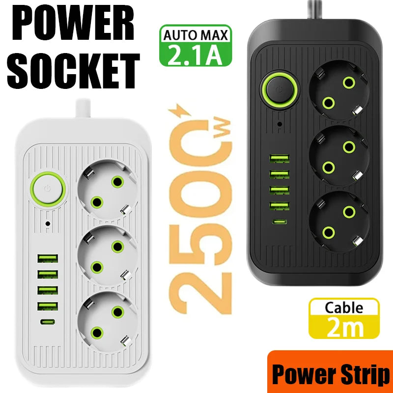 Cable de extensión con enchufe europeo, 3 tomas de corriente CA, regleta de enchufes eléctricos con 4 puertos USB, 1 tipo C, filtro de red, adaptador de carga rápida