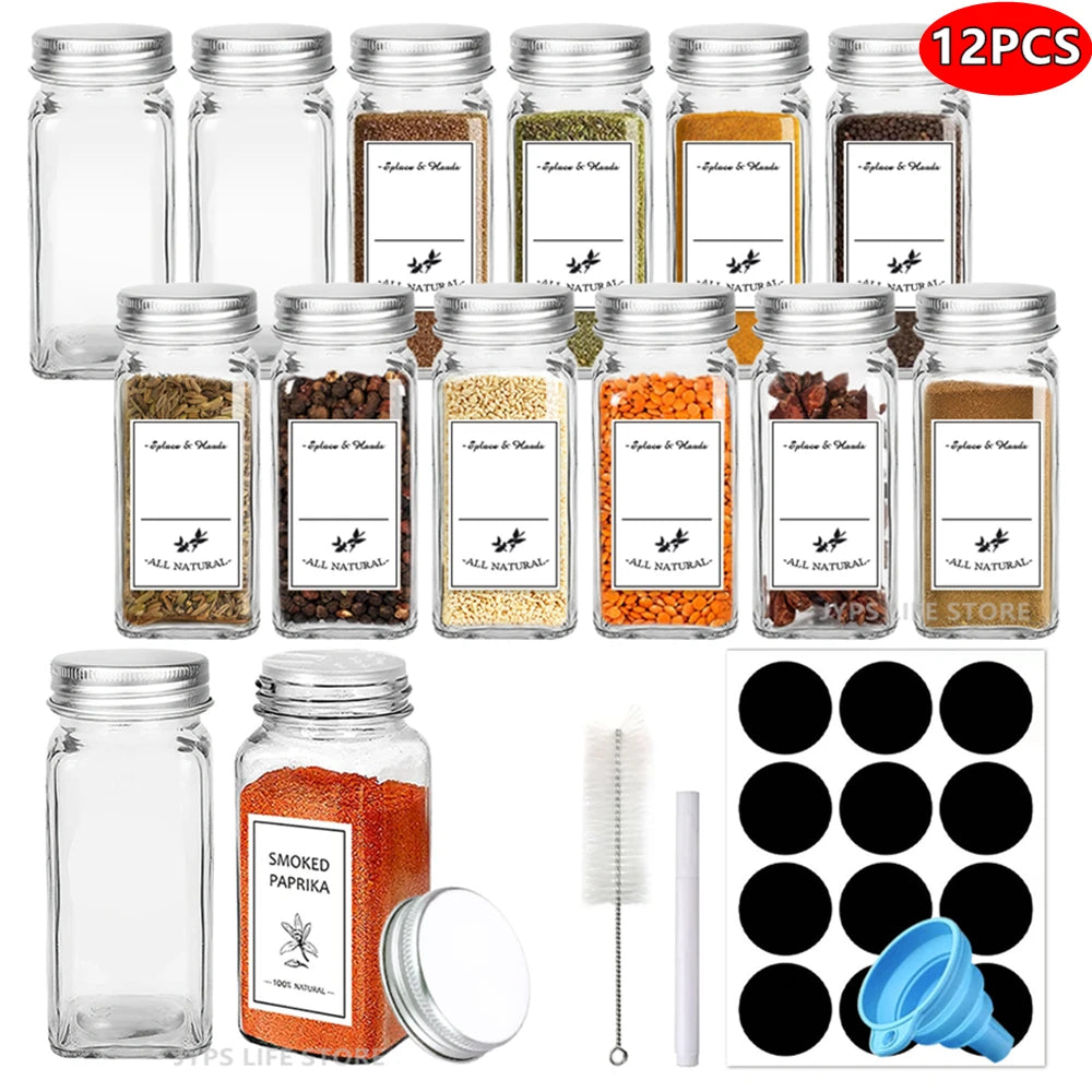 12 tarros de especias de vidrio con tapas de metal, salero, pimentero, recipientes para condimentos, organizador de especias, juego de tarros de especias de cocina de 120 ml