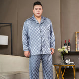 Men’s Luxury Plaid Pajama Set - Full Sleeve, Elastic Waist, Cool Ice Silk Satin Sleepwear for Spring & Summer