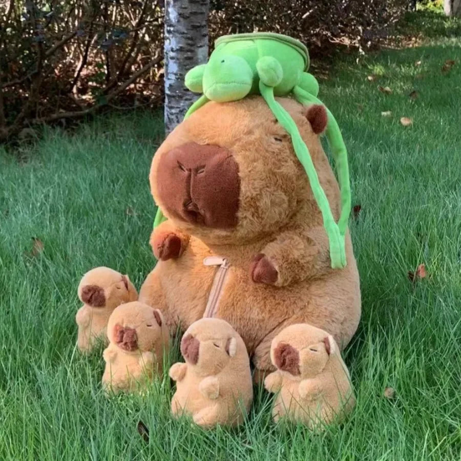 Capybara Family Plush Set - Mom & 4 Baby Stuffed Animals with Turtle Backpack