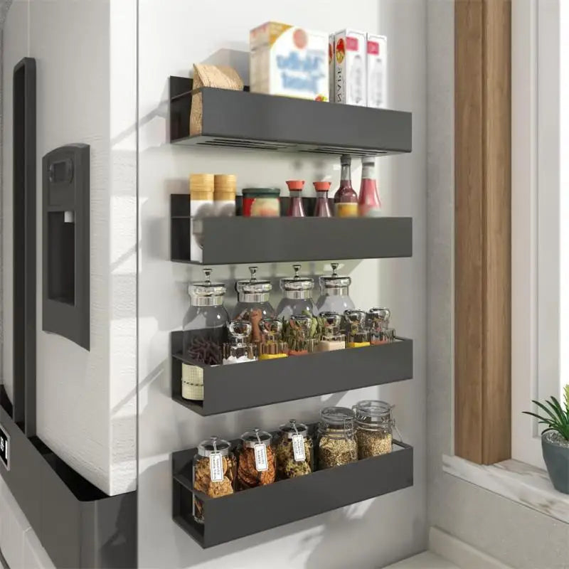 Estante magnético para refrigerador, estante para almacenar especias, estante lateral para refrigerador, organizador de cocina de hierro negro que ahorra espacio para el hogar