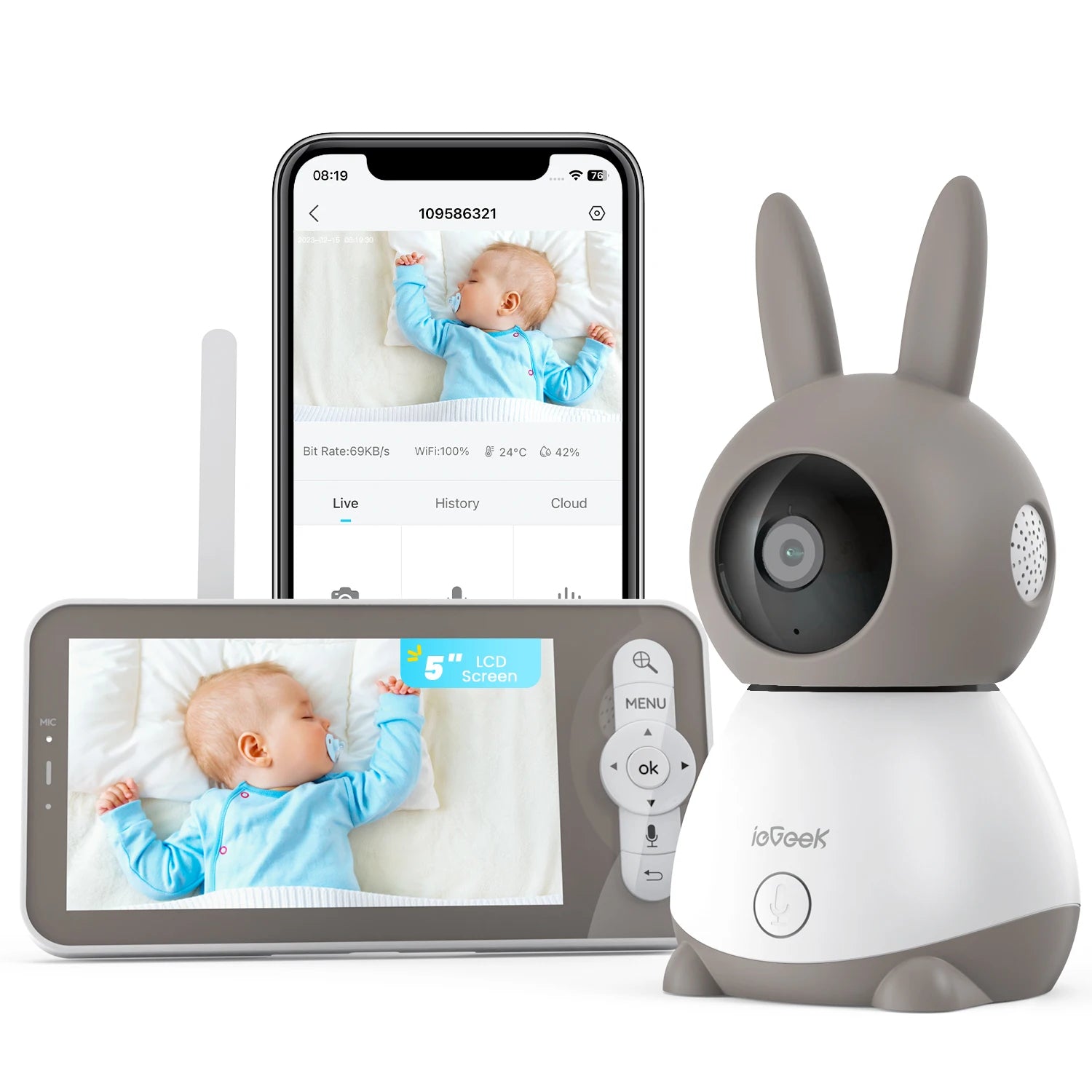 Monitor inalámbrico para bebés de 360° con cámara HD 2K, audio bidireccional y control remoto - Cámara para bebés iEGEEK