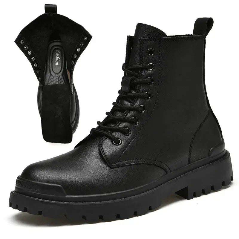 Men’s Genuine Leather Motorcycle Boots – Winter Warm Ankle Boots for Outdoor & Casual Wear (Sizes 38-48)