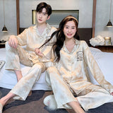 Men’s & Women’s Ice Silk Pajama Set – Breathable Printed Nightwear with Full Sleeves & Turn-Down Collar