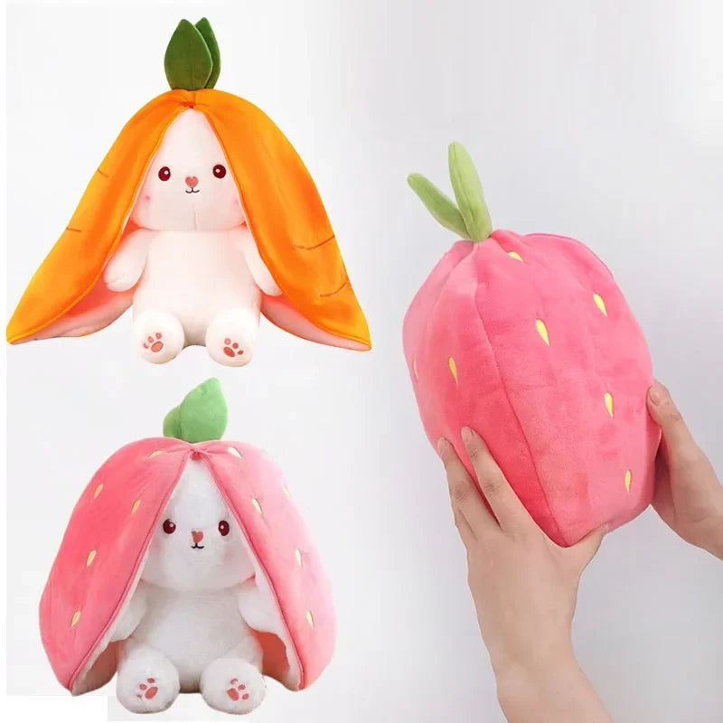 25cm Strawberry Carrot Bunny Plush Toy - Transformable Cuddly Rabbit Doll for Kids