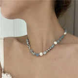 Natural Blue Stone & Freshwater Pearl Irregular Necklace – Vintage Summer Statement Jewelry for Women