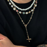 Classic Geometric Pendant Necklace for Men – Simulated Pearl & Rhinestone Chain