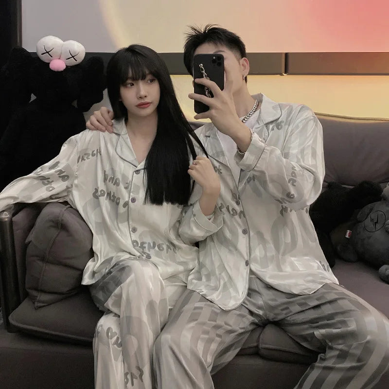 Men’s & Women’s Ice Silk Pajama Set – Breathable Printed Nightwear with Full Sleeves & Turn-Down Collar