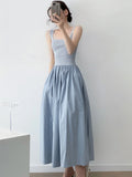Women's Patchwork Knit Maxi Dress - Sleeveless A-Line Summer Dress with Square Neck