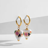 Blue Floral Pearl Dangle Earrings - Asymmetric Ceramic Bead Huggie Hoops