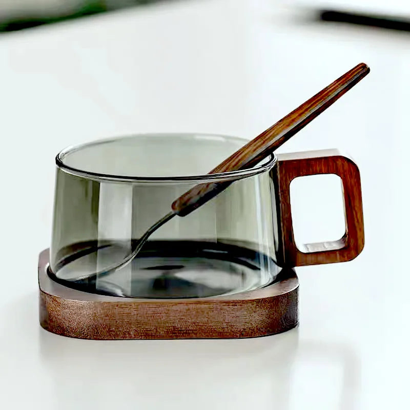 Taza de café de vidrio resistente al calor de 200 ml: taza para café con leche con bandeja y cuchara de madera
