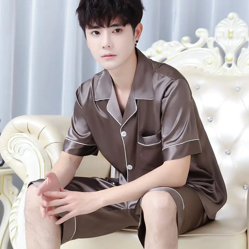 Men's Ice Silk Pajama Set – Comfortable, Breathable Summer Loungewear with Elastic Waist and Short Sleeves