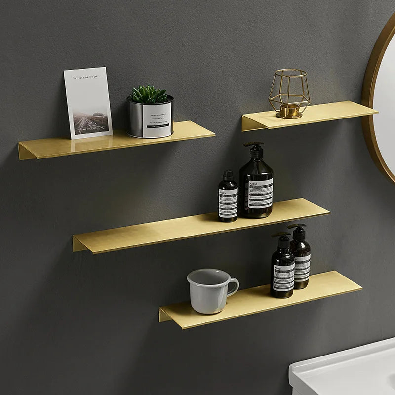 Estantería de baño moderna en blanco, negro y dorado cepillado: estante de pared