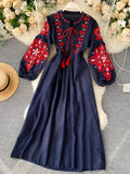 Bohemian Embroidered Floral Dress – Lantern Sleeve, High Waist, Mid-Calf Length
