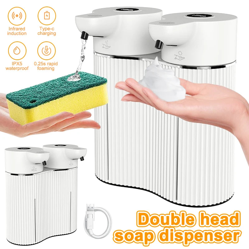 Dispensador automático de jabón líquido y espuma de doble cabezal de 350 ml con sensor infrarrojo, recargable por USB, dispensador de desinfectante para pared IPX5