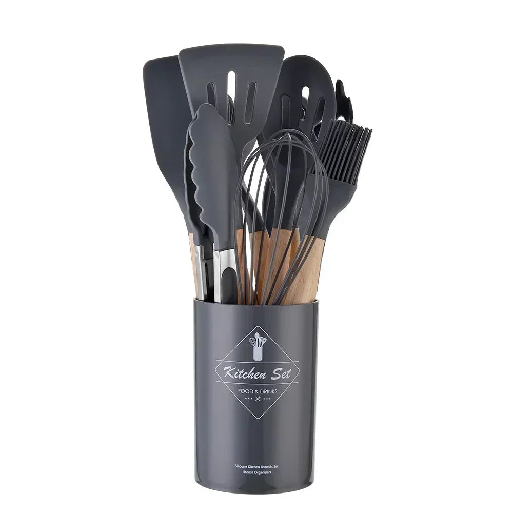 Juego de utensilios de cocina de silicona de 12 piezas | Herramientas de cocina con espátula y cucharas medidoras