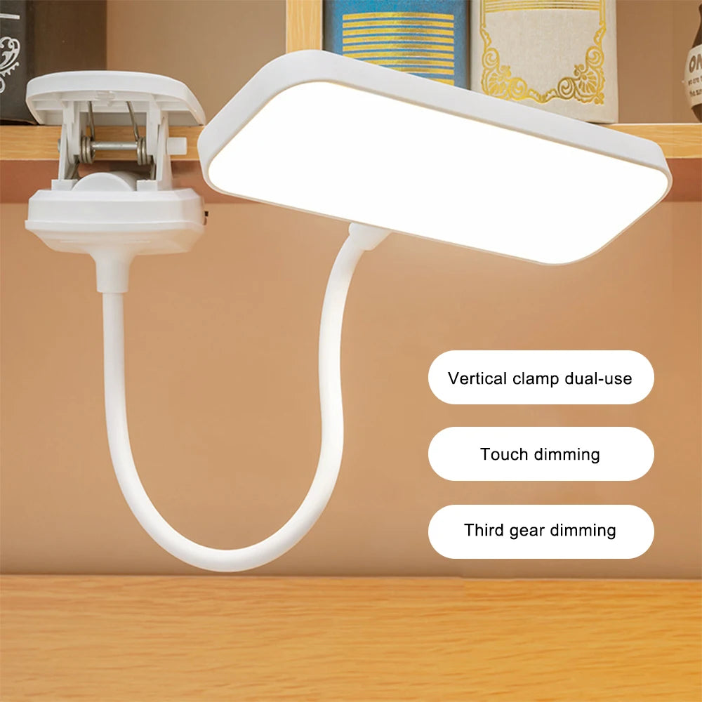 360° Adjustable USB Rechargeable Desk Lamp - 3-Level Dimmable LED Clip Light