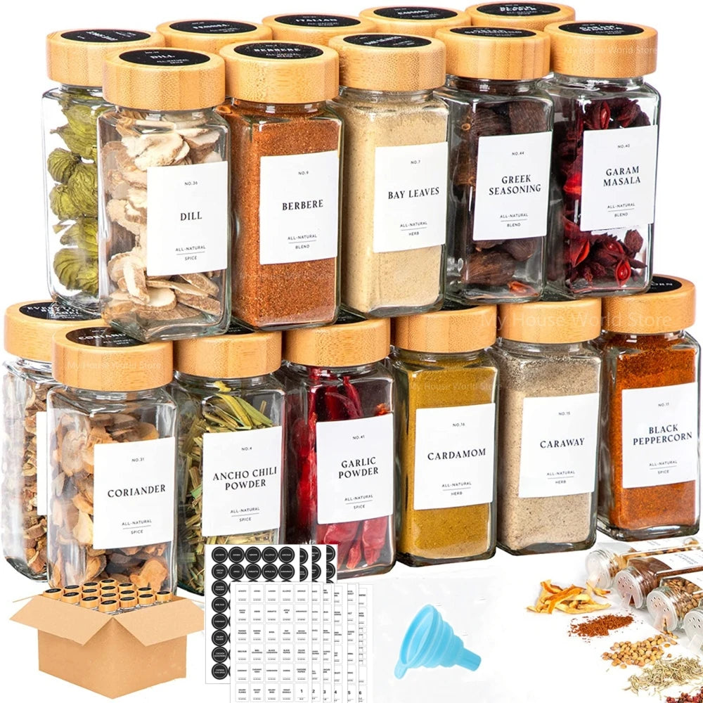 Frascos de vidrio para especias con tapas de bambú: recipientes para condimentos y saleros y pimenteros para organizar la cocina