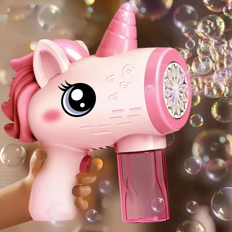 Unicorn Bubble Gun for Kids - Automatic Bubble Blower with LED Lights & 360° Leak-Proof Design