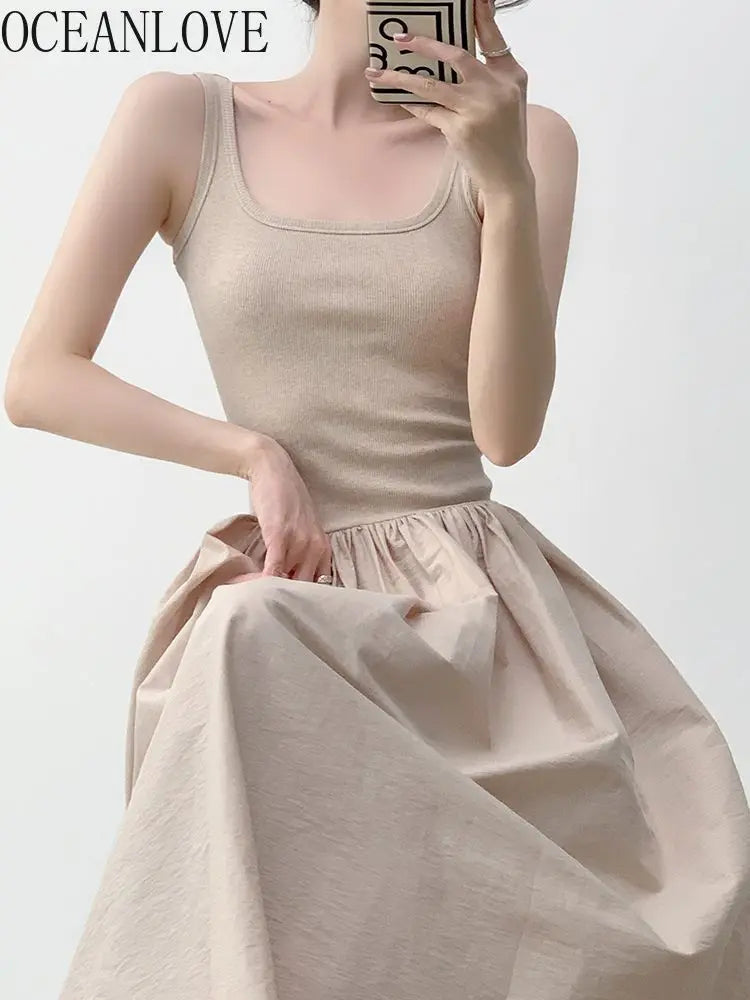 Women's Patchwork Knit Maxi Dress - Sleeveless A-Line Summer Dress with Square Neck