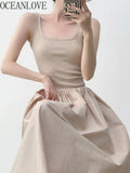 Women's Patchwork Knit Maxi Dress - Sleeveless A-Line Summer Dress with Square Neck
