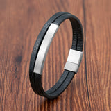Men's Genuine Leather Bracelet - Stainless Steel Double-Layer Braided Bangle