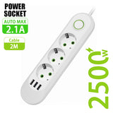 Regleta con enchufe europeo, 3 puertos USB y 3 tomas de CA, cable alargador de 2500 W