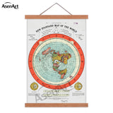 Vintage Flat Earth Map Scroll – Retro Canvas Wall Art with Wooden Hanger