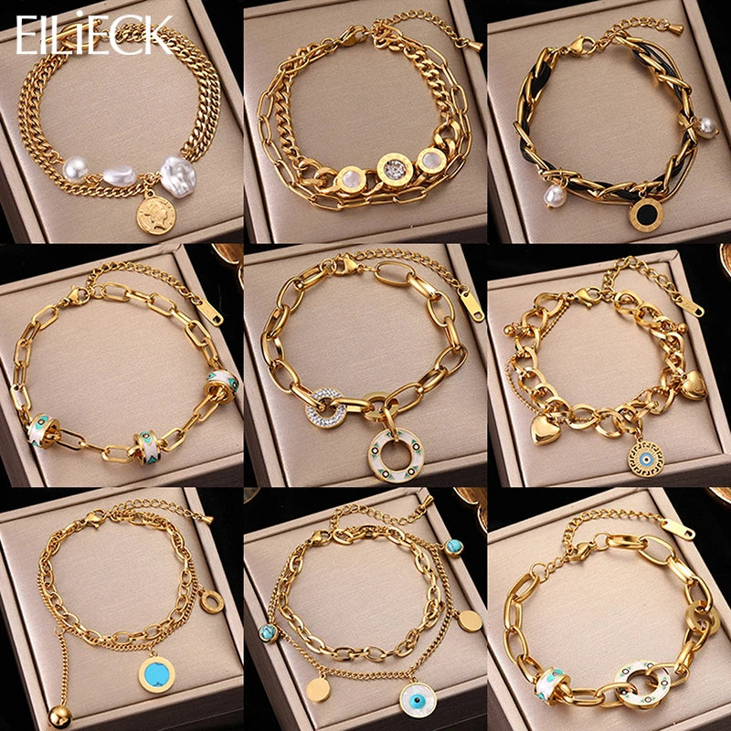Pulsera de acero inoxidable con dijes de moda para mujer: cadena de eslabones geométricos con cierre de pinza de langosta