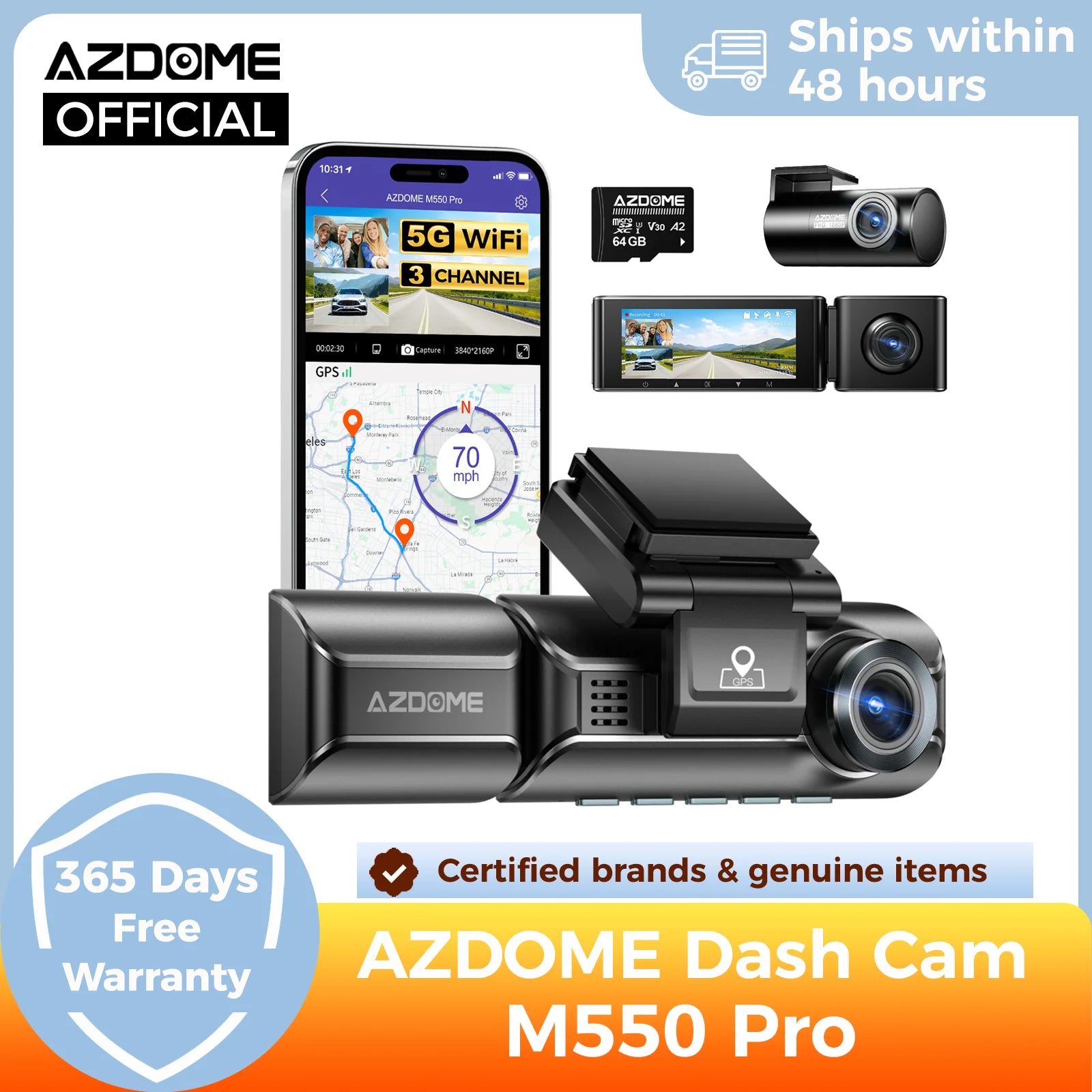 4K UHD 3-Channel Dash Cam with Night Vision, GPS & WiFi – Front, Rear & Cabin Recording