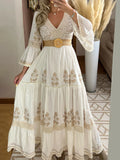 Floral Lace V-Neck Maxi Dress for Women - Fall Long-Sleeve A-Line Elegant