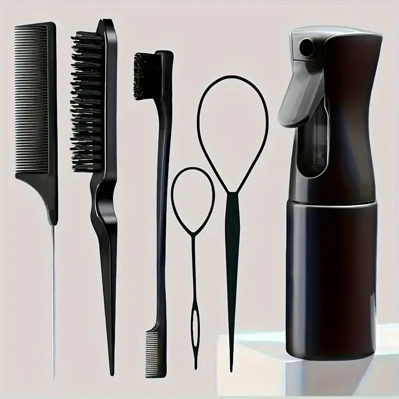 Juego de 6 piezas para peinar el cabello: cepillos, peine, lazo para trenzar y botella con rociador