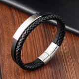 Men's Genuine Leather Bracelet - Stainless Steel Double-Layer Braided Bangle