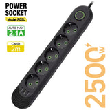 EU Plug Power Strip – 3 USB Ports, 2500W Capacity with Extension Cord