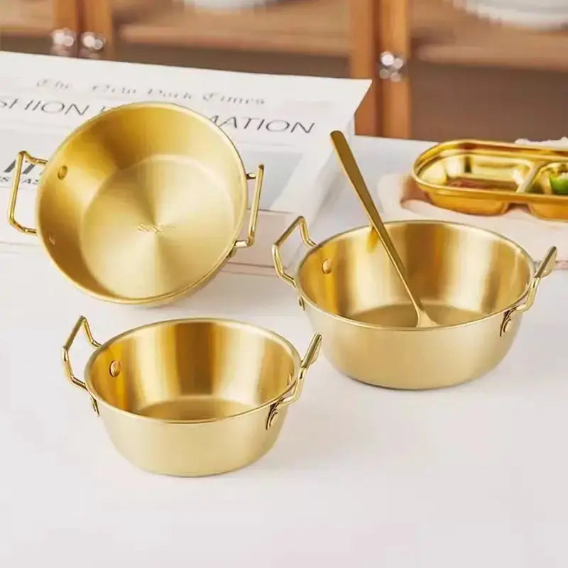 Cuenco dorado de acero inoxidable 304 | Cuenco coreano para fideos, vino de arroz y aperitivos con asa