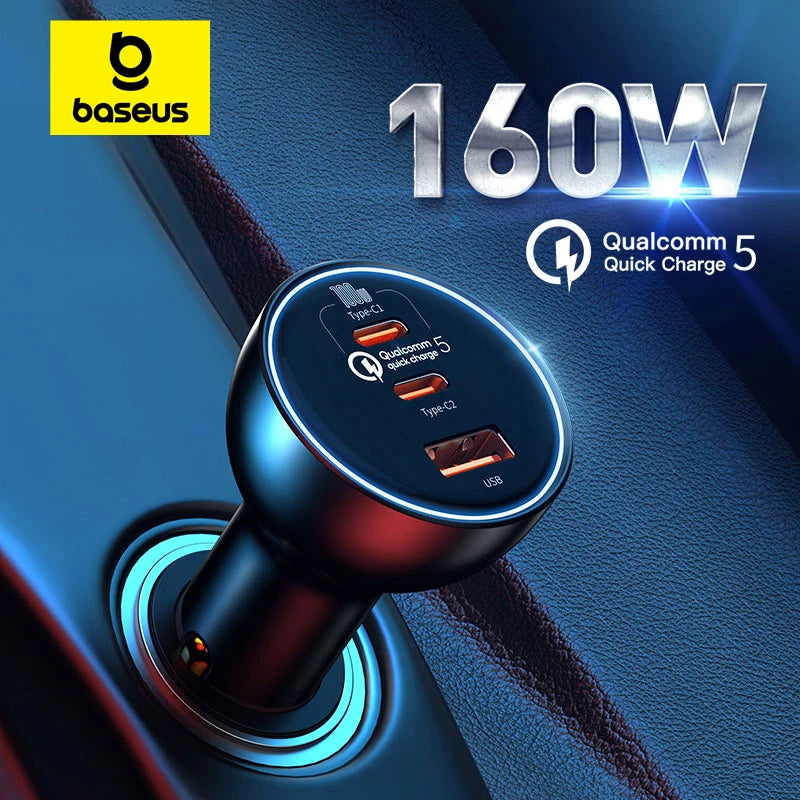 Baseus 160W Fast Car Charger – QC 5.0 & PD 3.0 USB-C Charging for Phones, Laptops & Tablets