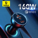 Baseus 160W Fast Car Charger – QC 5.0 & PD 3.0 USB-C Charging for Phones, Laptops & Tablets