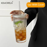Taza de café de vidrio transparente de 600 ml con tapa y pajita: taza para café helado, té y jugo