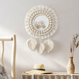Boho Macrame Wall Mirror — Round Decorative Mirror with Handwoven Cotton Fringe for Home Décor