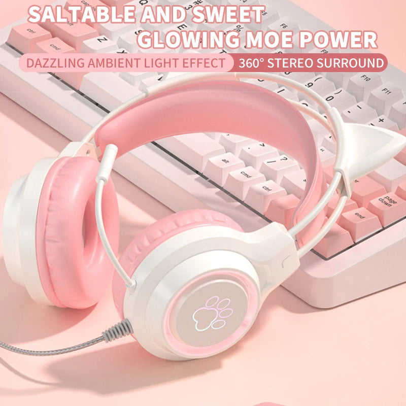 Cat Ear Gaming Headphones with RGB Lights - Wired 3.5mm Headset with Noise Canceling Mic for PC & Laptop