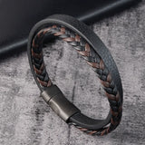 Men's Genuine Leather Bracelet - Stainless Steel Double-Layer Braided Bangle