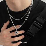 💎 Collar de doble capa con estrella de circonita estilo hip hop: cadena colgante de acero de titanio de moda para hombres y mujeres 💎