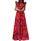 Women's Floral Print Maxi Dress with Lace-Up Detail – Boho Summer Floor-Length Dress