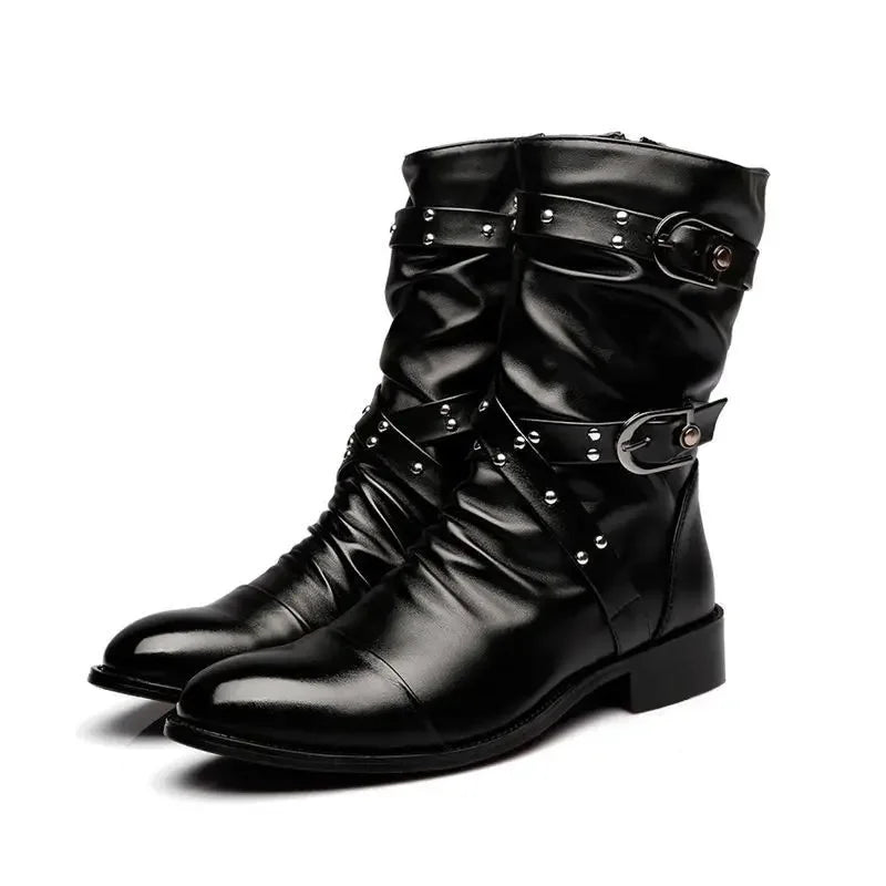 Men’s Mid-Calf Chelsea Riding Boots with Button Detail – Stylish Punk Leather Boots for Winter