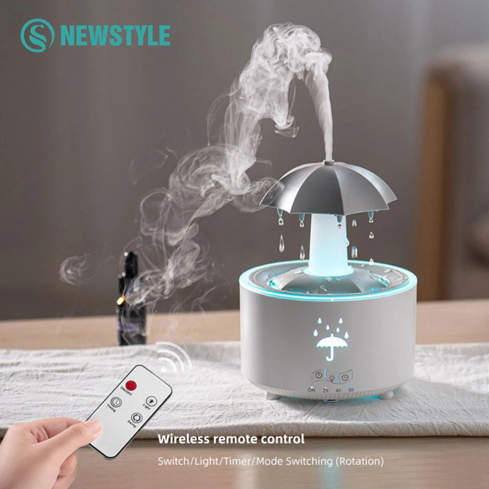 Humidificador con forma de paraguas giratorio y gotas de agua: niebla silenciosa, aromaterapia y luz nocturna colorida